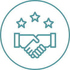 Handshake icon with three stars above.