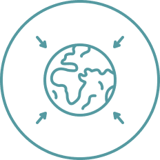 Outlined Earth with arrows in circular border.