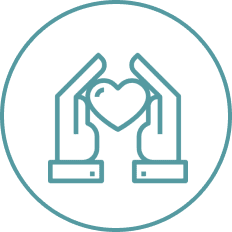 Hands holding heart icon in circle.
